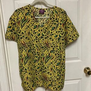 Vibrant Yellow Leopard Print Women's scrub Top